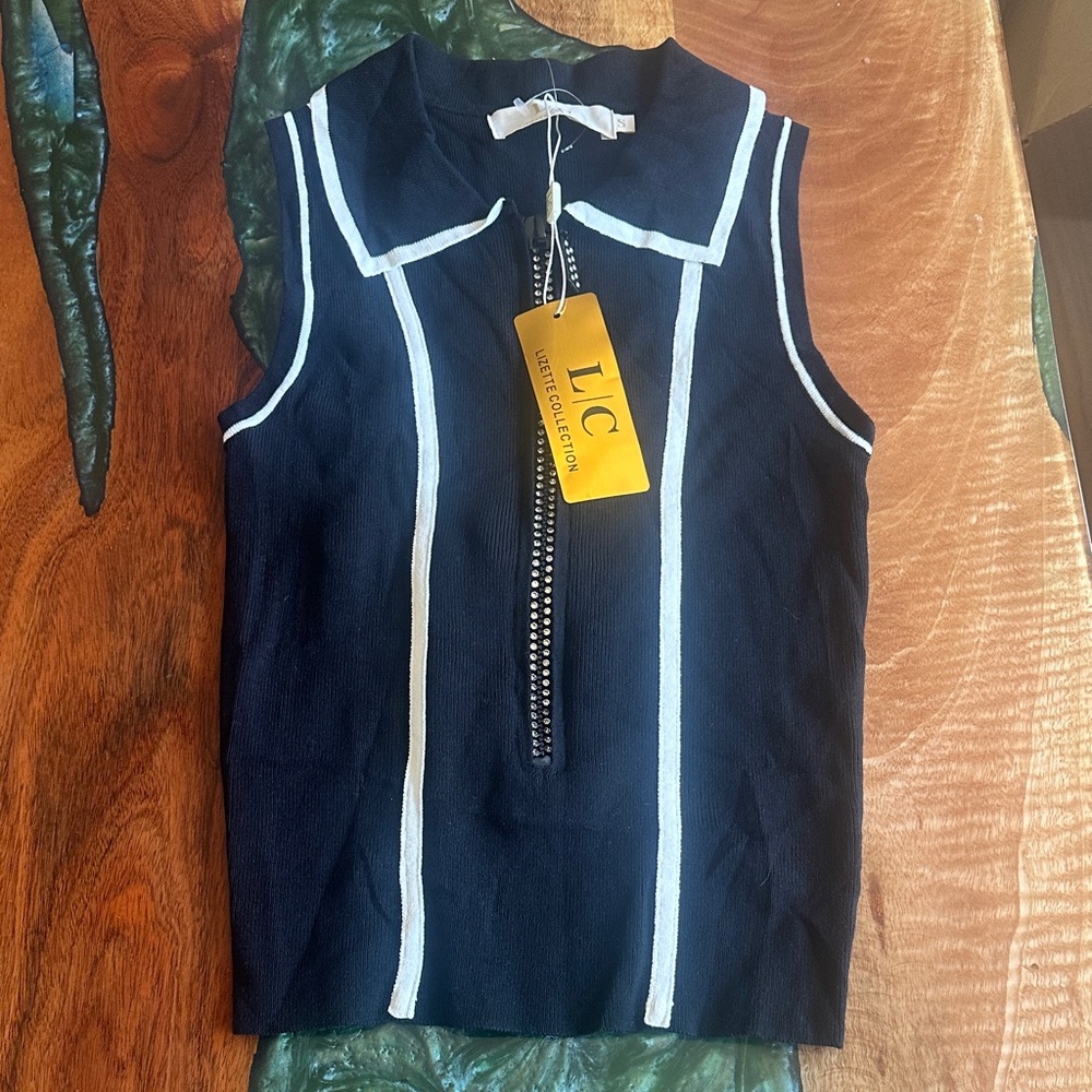 LIC Women's Sleeveless Black Top with White Trim